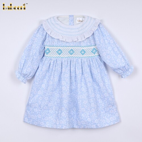 Geometric Smocked Belted Dress In Blue For Girl - BB3203A